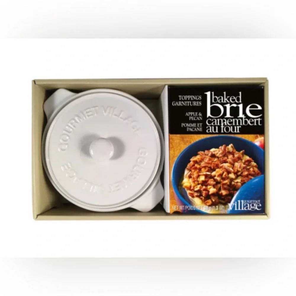 Gourmet du Village, White Ceramic Brie Baker Gift Set NWT Apple & Pecan Topping
